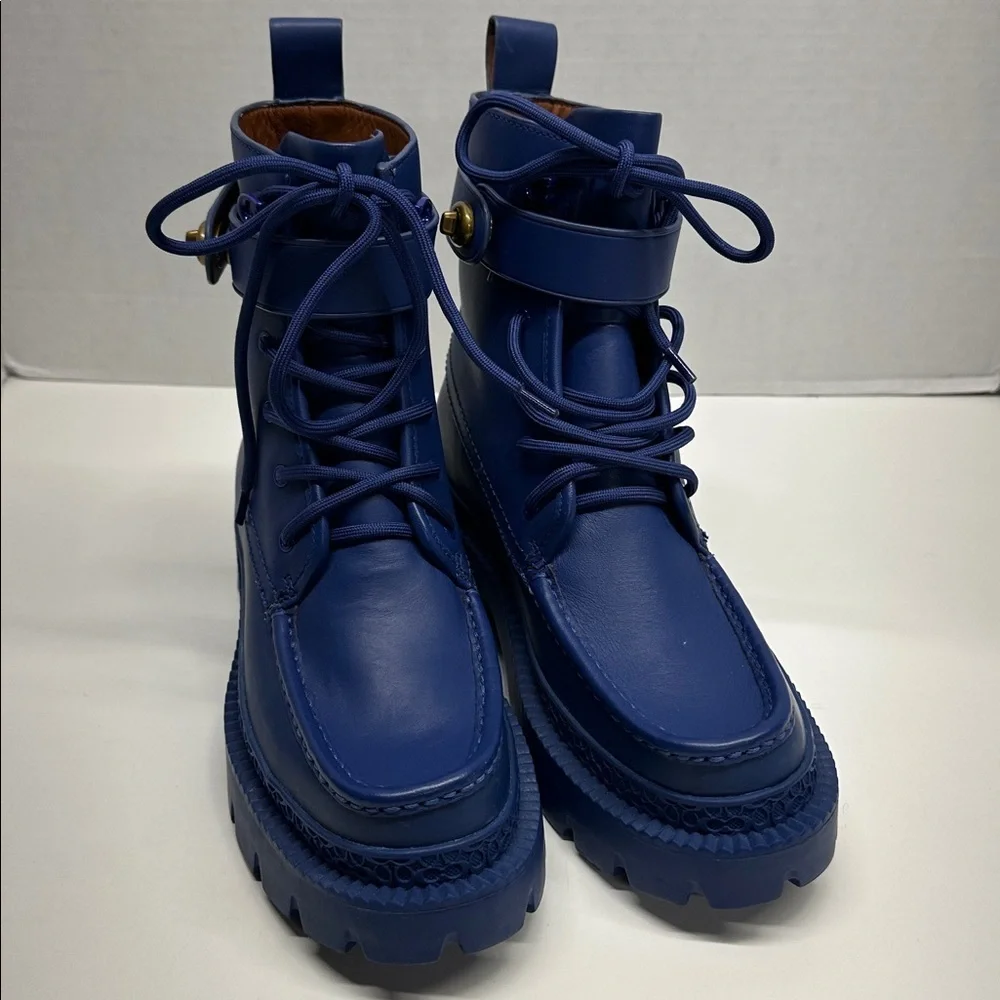 Coach Lace Up Bootie Ankle Boots Leather Rubber Sapphire Blue Womens Size 5.5